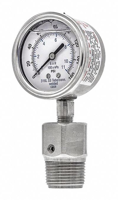 Pressure Gauge with Diaphragm Seal: 0 psi to 160 psi, 301L/5JJJ, 2 1/2 in Dial, Glycerin