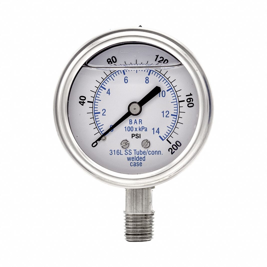 Pressure Gauge with Diaphragm Seal: 0 psi to 200 psi, 301L/5JJJ, 2 1/2 in Dial, Glycerin