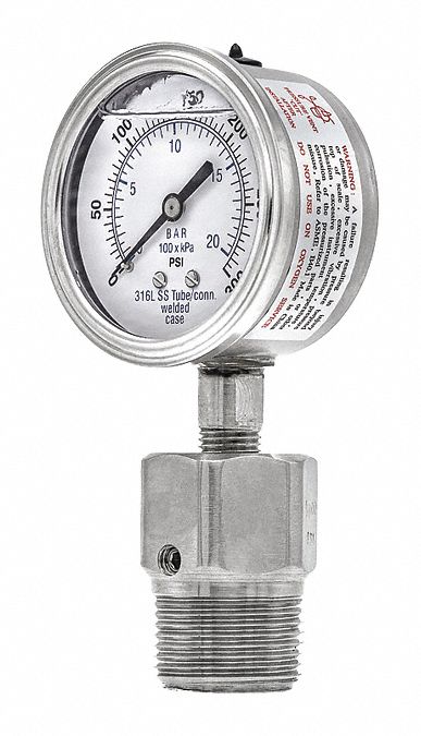 Pressure Gauge with Diaphragm Seal: 0 psi to 300 psi, 301L/5JJJ, 2 1/2 in Dial, Glycerin