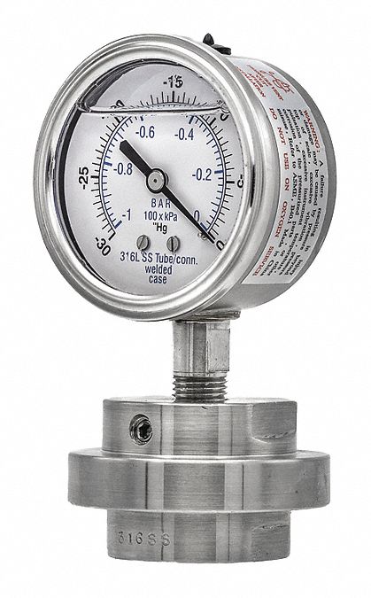 Pressure Gauge with Diaphragm Seal: 30 in Hg to 0 in Hg, 301L/3JJJ, 2 1/2 in Dial, Bottom