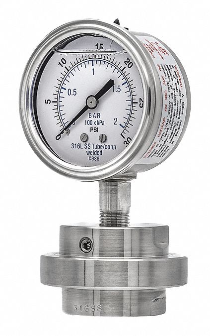 Pressure Gauge with Diaphragm Seal: 0 psi to 30 psi, 301L/3JJJ, 2 1/2 in Dial, Glycerin