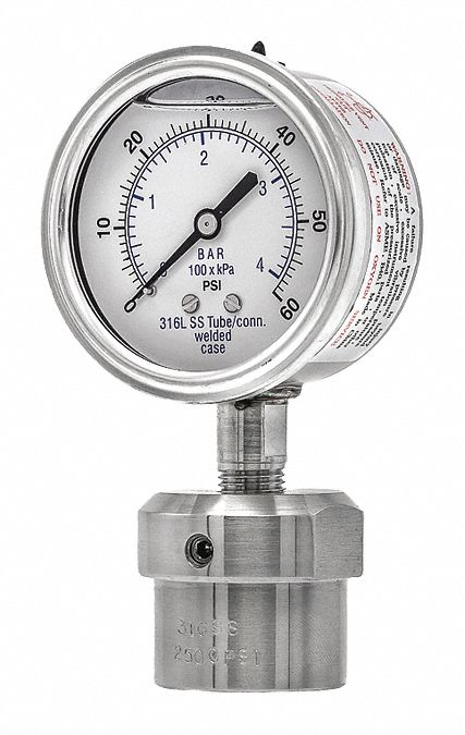 Pressure Gauge with Diaphragm Seal: 0 psi to 60 psi, 301L/0JJJ, 2 1/2 in Dial, Glycerin