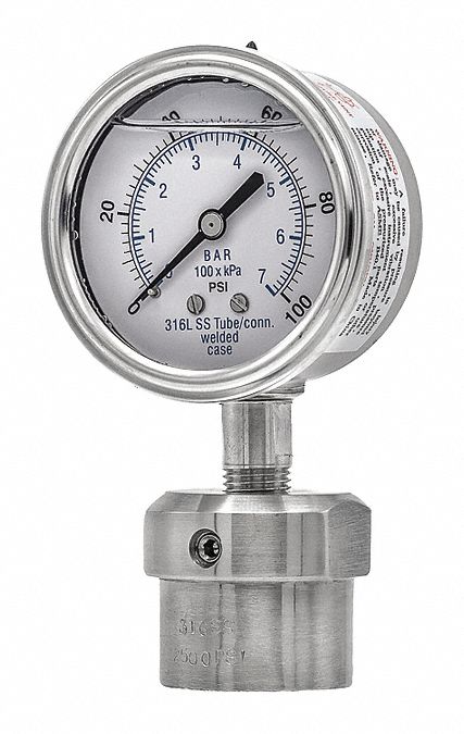 Pressure Gauge with Diaphragm Seal: 0 psi to 100 psi, 301L/0JJJ, 2 1/2 in Dial, Glycerin