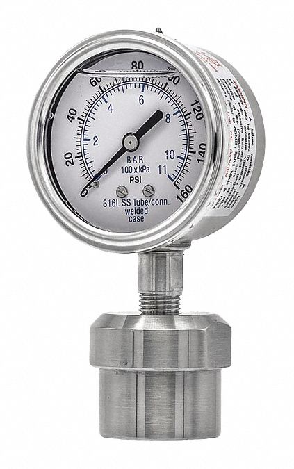 Pressure Gauge with Diaphragm Seal: 0 psi to 160 psi, 301L/0JJJ, 2 1/2 in Dial, Glycerin