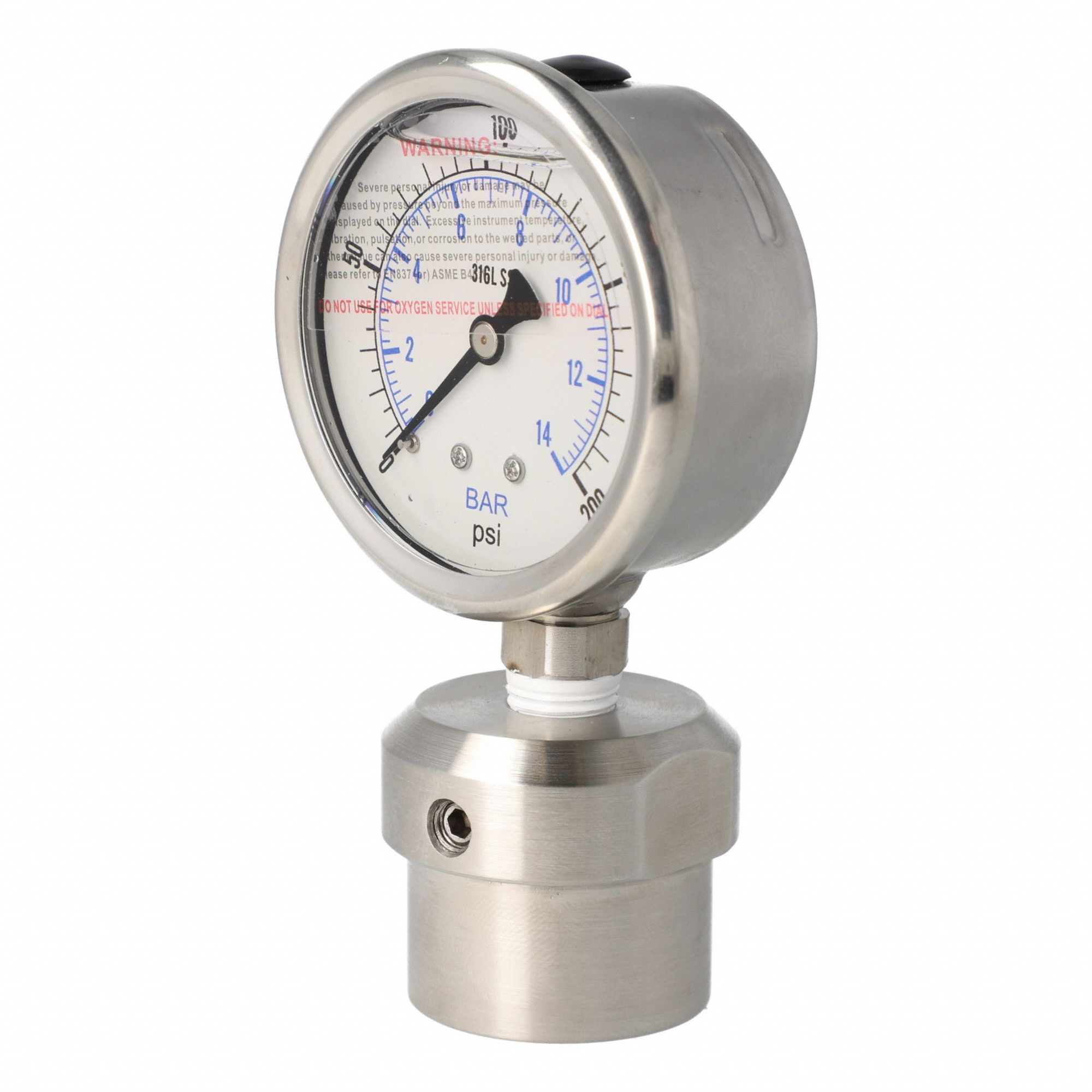 Vacuum Gauge with Diaphragm Seal: 0 psi to 200 psi, 301L/0JJJ, 2 1/2 in Dial, Glycerin