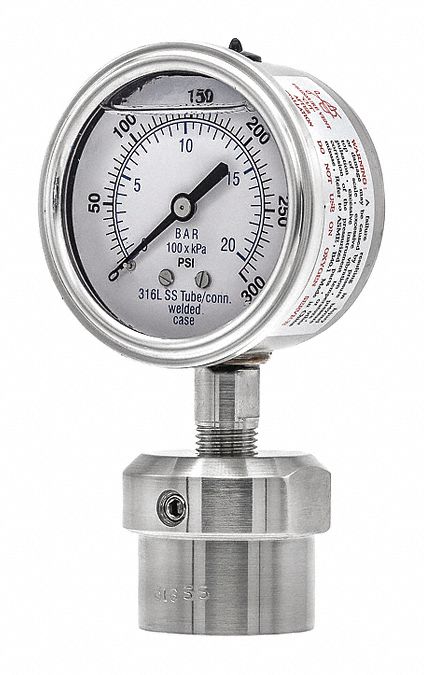 Pressure Gauge with Diaphragm Seal: 0 psi to 300 psi, 301L/0JJJ, 2 1/2 in Dial, Glycerin