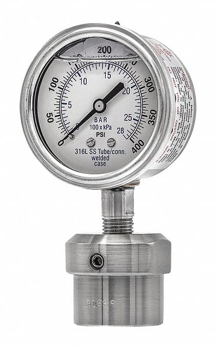 Pressure Gauge with Diaphragm Seal: 0 psi to 400 psi, 301L/0JJJ, 2 1/2 in Dial, Glycerin