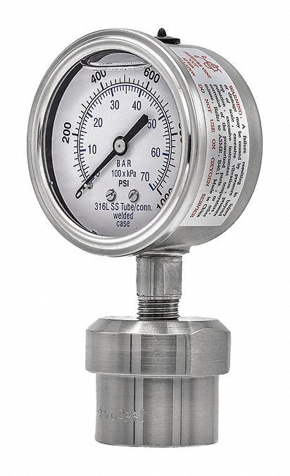 Pressure Gauge with Diaphragm Seal: 0 psi to 1, 000 psi, 301L/0JJJ, 2 1/2 in Dial, Bottom