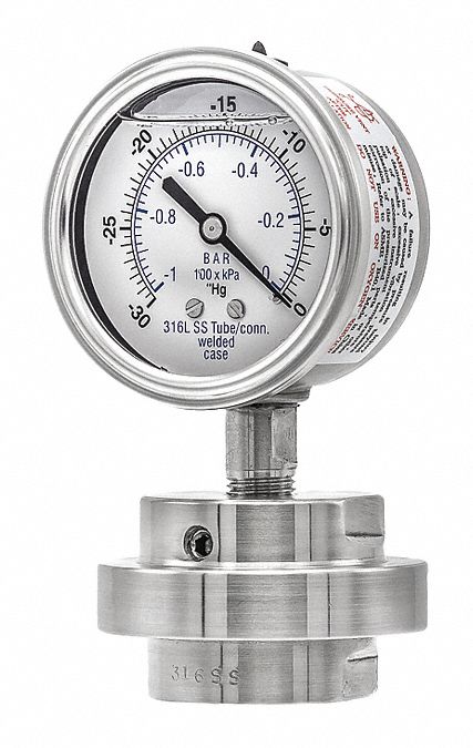 Pressure Gauge with Diaphragm Seal: 30 in Hg to 0 in Hg, 301L/3JJJ, 2 1/2 in Dial, Bottom