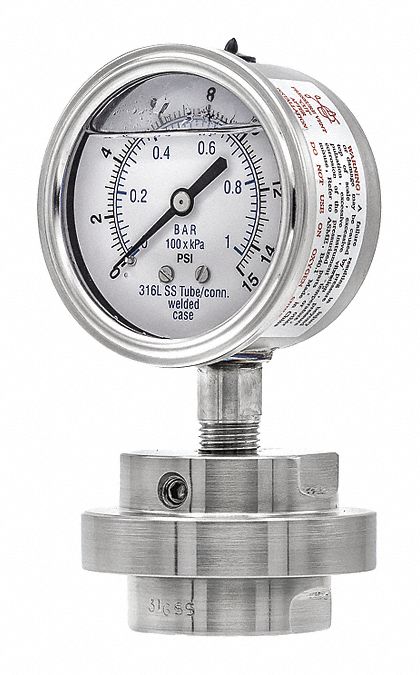 Pressure Gauge with Diaphragm Seal: 0 psi to 15 psi, 301L/3JJJ, 2 1/2 in Dial, Glycerin