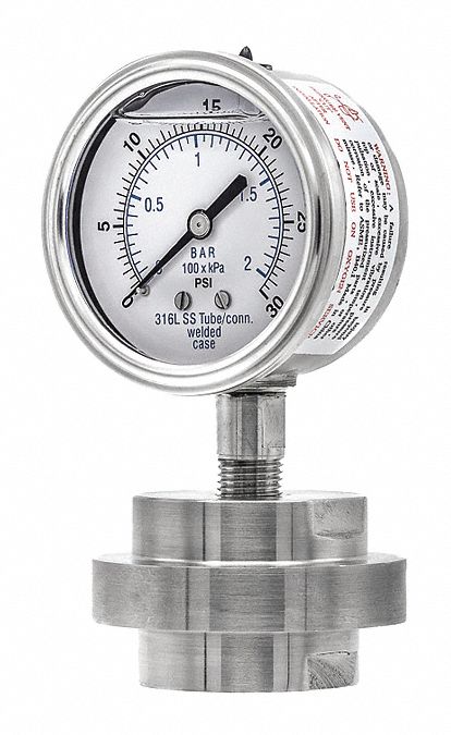 Pressure Gauge with Diaphragm Seal: 0 psi to 30 psi, 301L/3JJJ, 2 1/2 in Dial, Glycerin