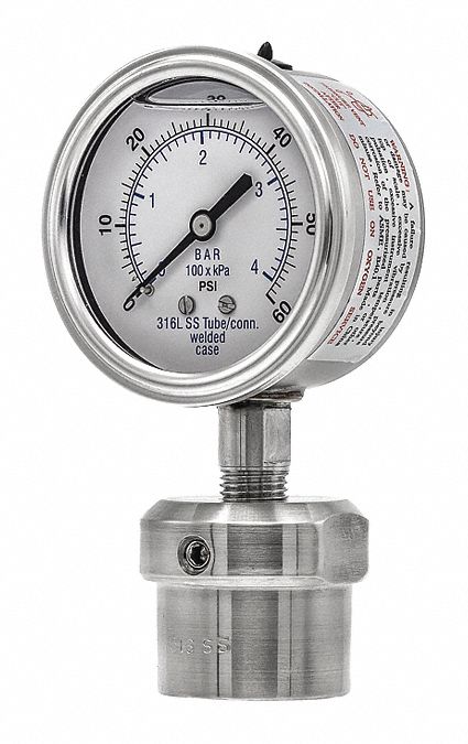 Pressure Gauge with Diaphragm Seal: 0 psi to 60 psi, 301L/0JJJ, 2 1/2 in Dial, Glycerin