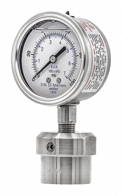 Pressure Gauge with Diaphragm Seal: 0 psi to 100 psi, 301L/0JJJ, 2 1/2 in Dial, Glycerin
