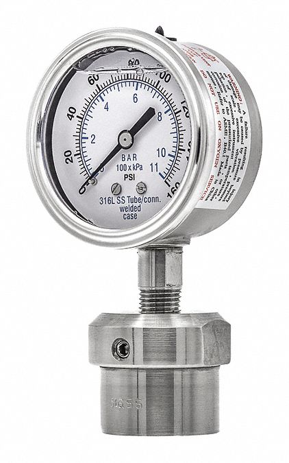 Pressure Gauge with Diaphragm Seal: 0 psi to 160 psi, 301L/0JJJ, 2 1/2 in Dial, Glycerin