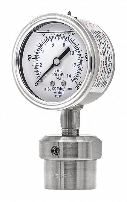 Pressure Gauge with Diaphragm Seal: 0 psi to 200 psi, 301L/0JJJ, 2 1/2 in Dial, Glycerin