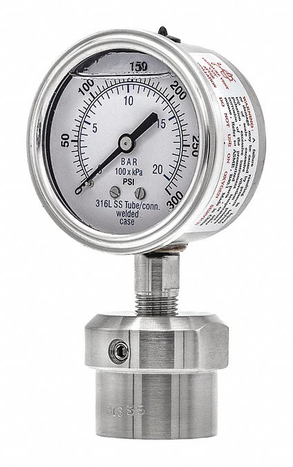 Pressure Gauge with Diaphragm Seal: 0 psi to 300 psi, 301L/0JJJ, 2 1/2 in Dial, Glycerin
