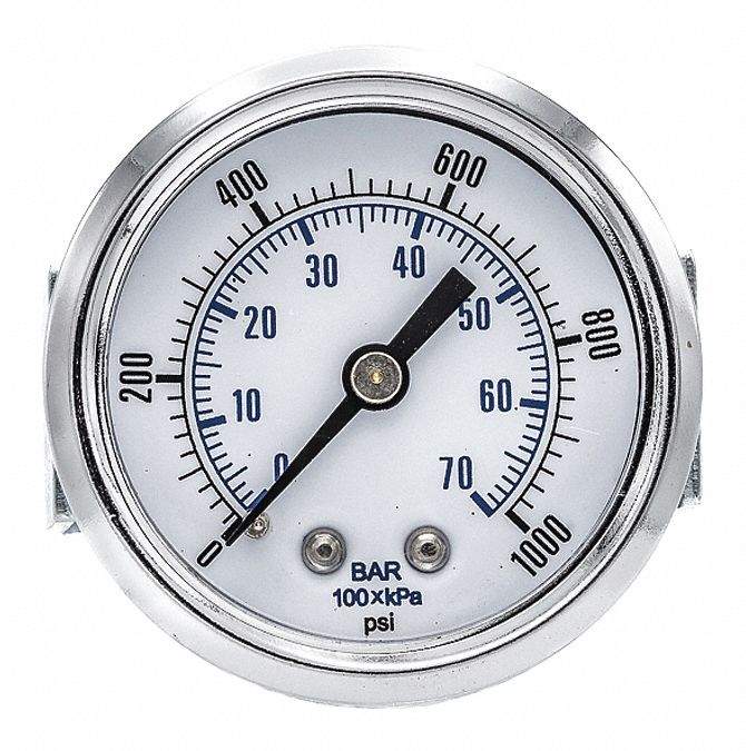 Industrial Pressure Gauge: 0 psi to 1, 000 psi, 2 in Dial, 1/4 in NPT Male, Center Back