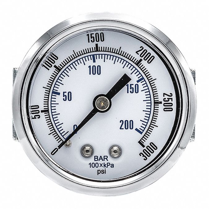 Industrial Pressure Gauge: 0 psi to 3, 000 psi, 2 in Dial, 1/4 in NPT Male, Center Back