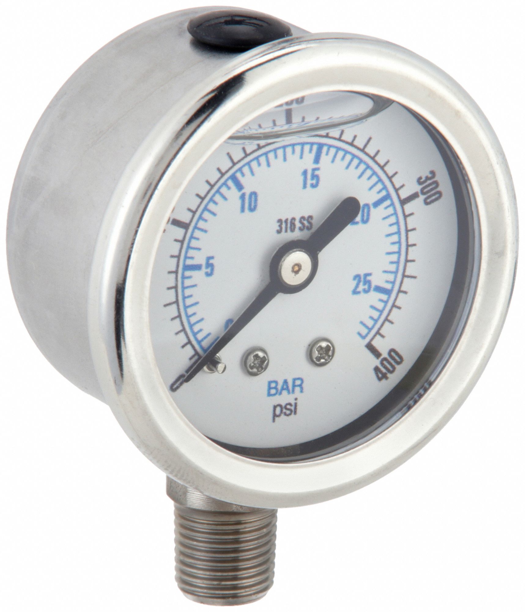 INDUSTRIAL PRESSURE GAUGE, 400 PSI TO 0 PSI/HG TO 400 PSI, 1 1/2 IN DIAL, BOTTOM, 300