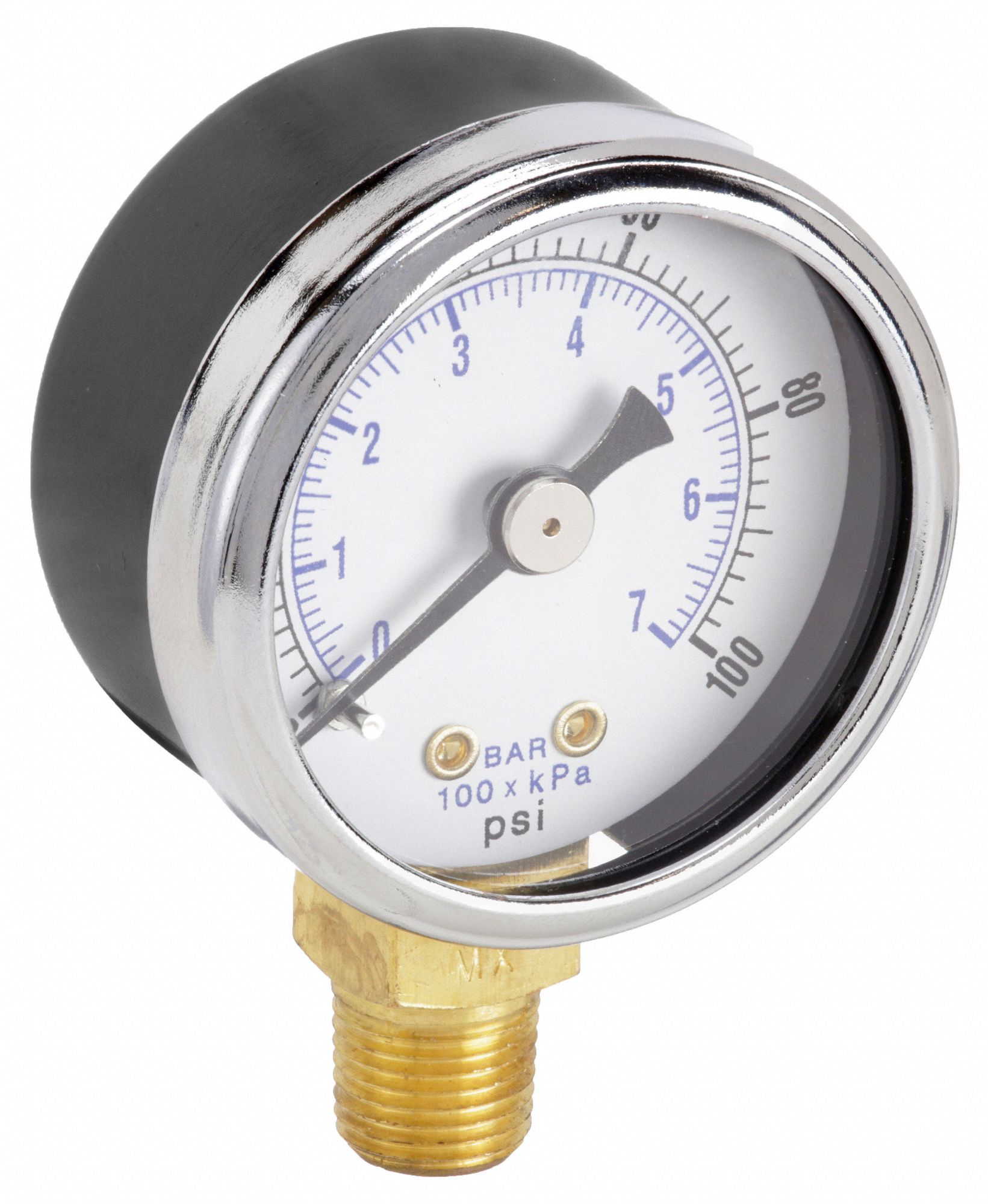 Industrial Pressure Gauge: 0 psi / Hg to 100 psi, 1 1/2 in Dial, 1/8 in NPT Male, Bottom