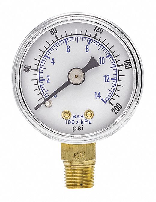 Industrial Pressure Gauge: 0 psi / Hg to 200 psi, 1 1/2 in Dial, 1/8 in NPT Male, Bottom