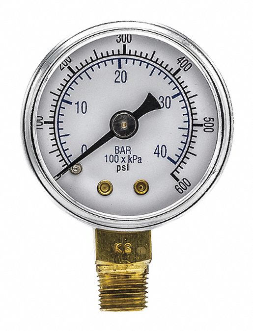 Industrial Pressure Gauge: 0 psi / Hg to 600 psi, 1 1/2 in Dial, 1/8 in NPT Male, Bottom