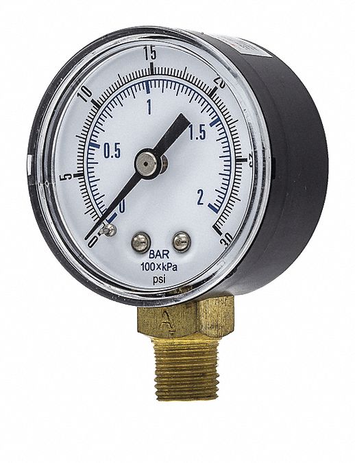 INDUSTRIAL PRESSURE GAUGE, 30 PSI TO 0 PSI/HG TO 30 PSI, 2 IN DIAL, 1/4 IN BSPT MALE