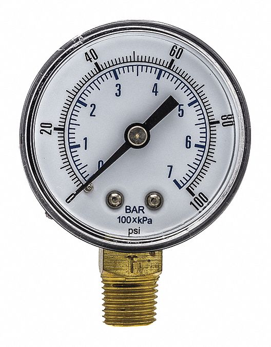 Industrial Pressure Gauge: 0 psi / Hg to 100 psi, 2 in Dial, 1/4 in BSPT Male, Bottom
