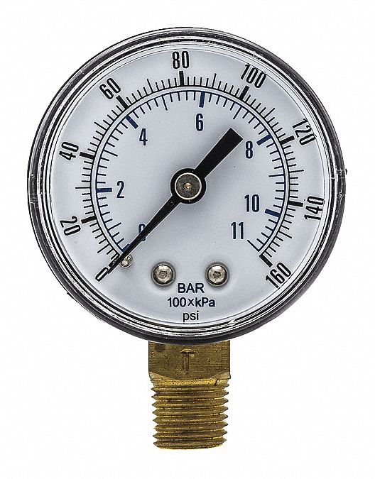 Industrial Pressure Gauge: 0 psi / Hg to 160 psi, 2 in Dial, 1/4 in BSPT Male, Bottom