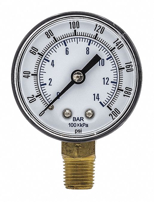 INDUSTRIAL PRESSURE GAUGE, 200 PSI TO 0 PSI/HG TO 200 PSI, 2 IN DIAL, 1/4 IN BSPT MALE