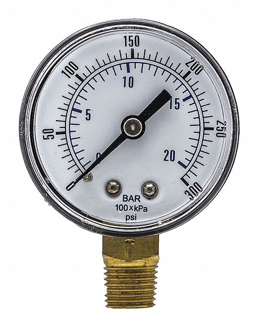Industrial Pressure Gauge: 0 psi / Hg to 300 psi, 2 in Dial, 1/4 in BSPT Male, Bottom