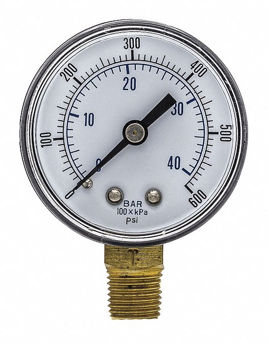 Industrial Pressure Gauge: 0 psi / Hg to 600 psi, 2 in Dial, 1/4 in BSPT Male, Bottom