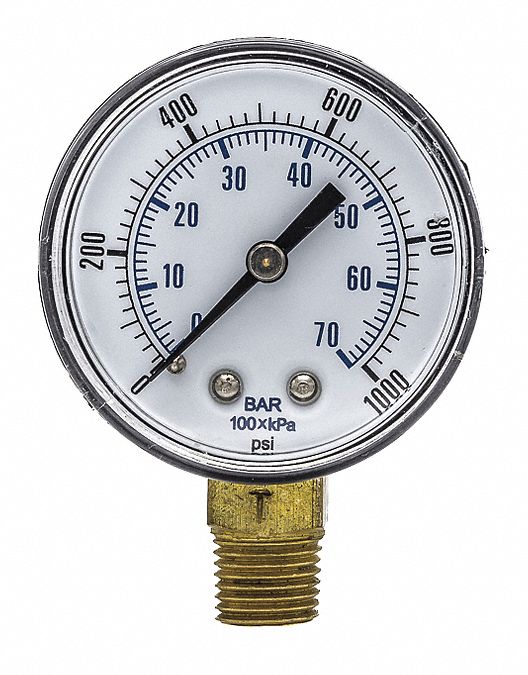 Industrial Pressure Gauge: 0 psi / Hg to 1, 000 psi, 2 in Dial, 1/4 in BSPT Male, Bottom