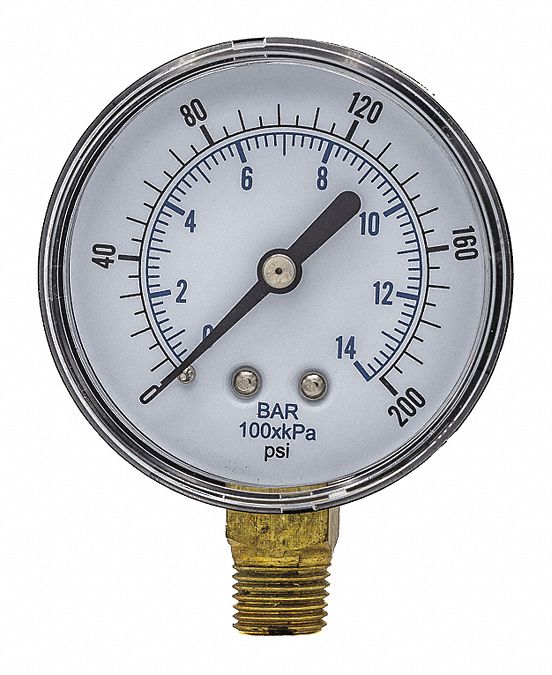INDUSTRIAL PRESSURE GAUGE, 200 PSI TO 0 PSI/HG TO 200 PSI, 2 1/2 IN DIAL, BOTTOM, DUAL