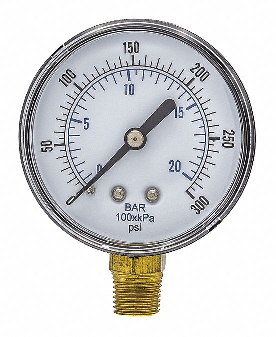 Industrial Pressure Gauge: 0 psi / Hg to 300 psi, 2 1/2 in Dial, 1/4 in BSPT Male, Bottom
