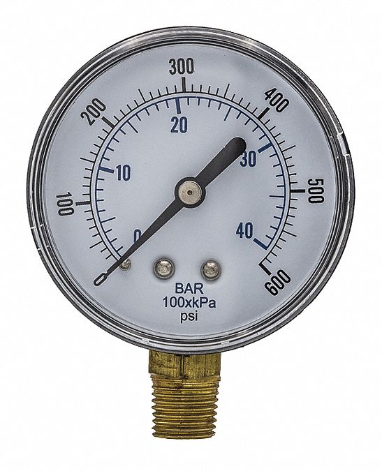 Industrial Pressure Gauge: 0 psi / Hg to 600 psi, 2 1/2 in Dial, 1/4 in BSPT Male, Bottom