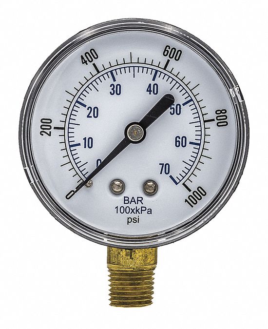 Industrial Pressure Gauge: 0 psi / Hg to 1, 000 psi, 2 1/2 in Dial, 1/4 in BSPT Male, Dual