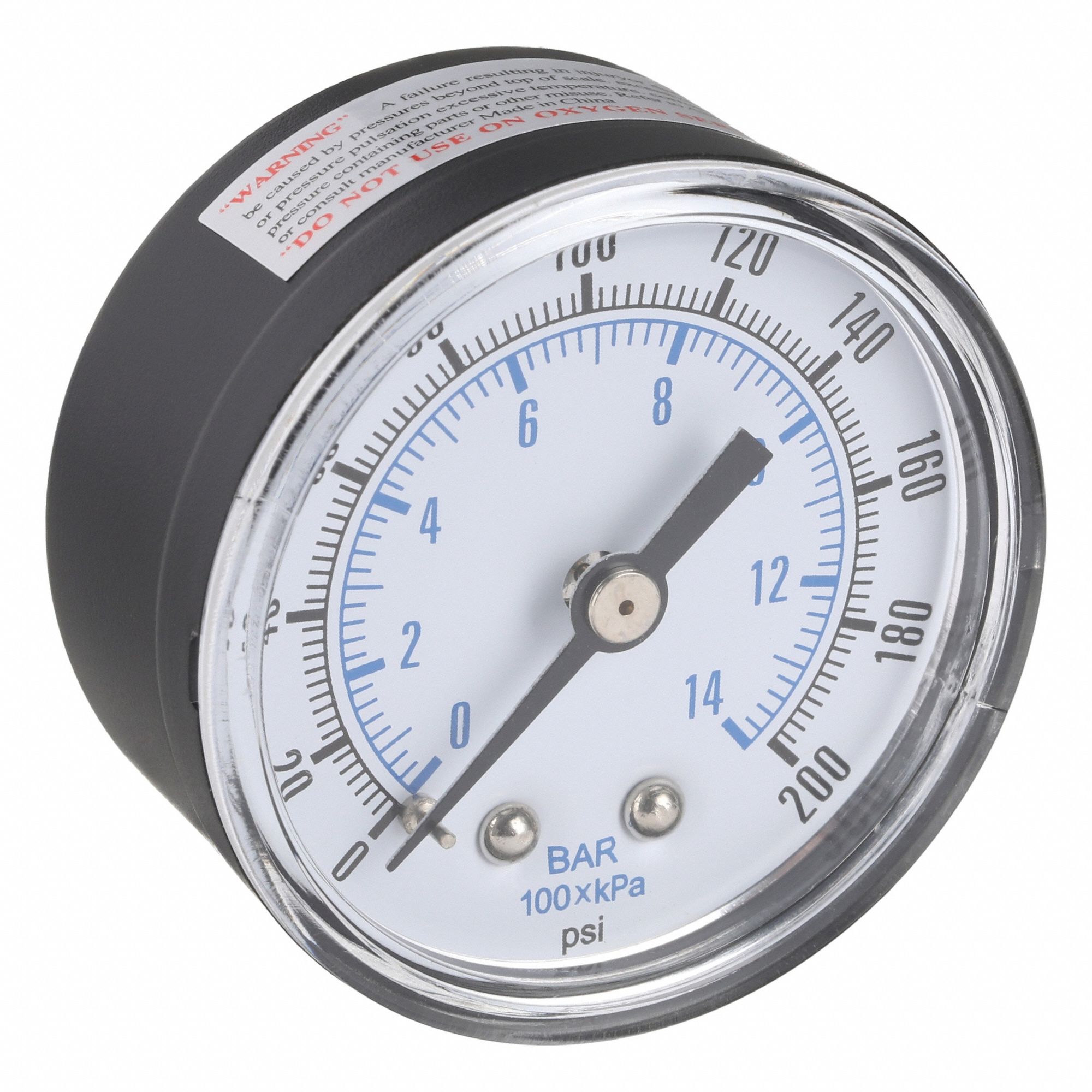 INDUSTRIAL PRESSURE GAUGE, 200 PSI TO 0 PSI/HG TO 200 PSI, 2 IN DIAL, 1/4 IN BSPT MALE