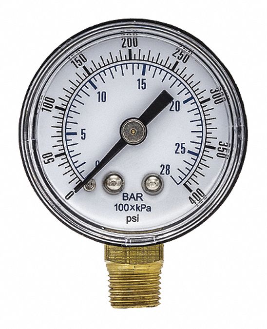 Industrial Pressure Gauge: 0 psi / Hg to 400 psi, 1 1/2 in Dial, 1/8 in NPT Male, Bottom