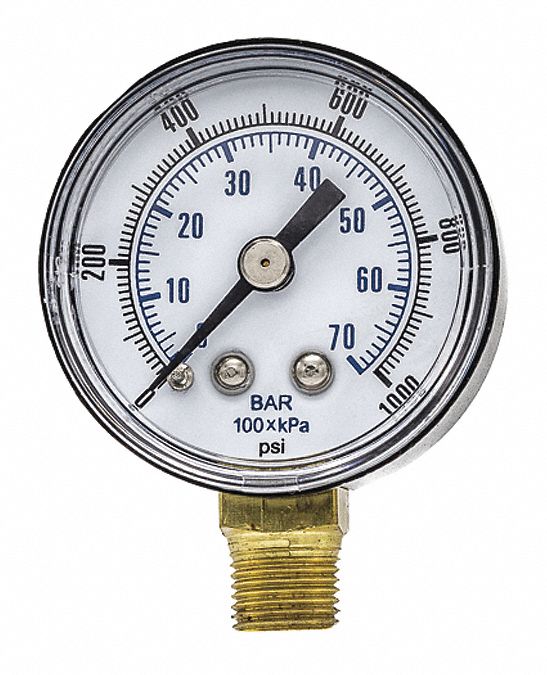 Industrial Pressure Gauge: 0 psi / Hg to 1, 000 psi, 1 1/2 in Dial, 1/8 in NPT Male, Dual