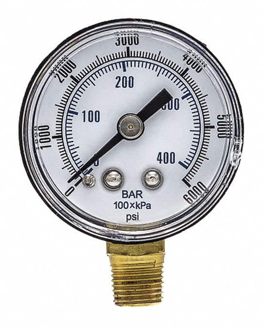 PIC GAUGES, 0 to 6,000 psi, 1 1/2 in Dial, Industrial Pressure Gauge