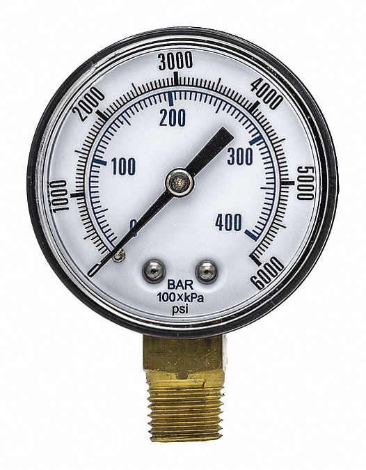 Industrial Pressure Gauge: 0 psi / Hg to 6, 000 psi, 2 in Dial, 1/4 in NPT Male, Bottom