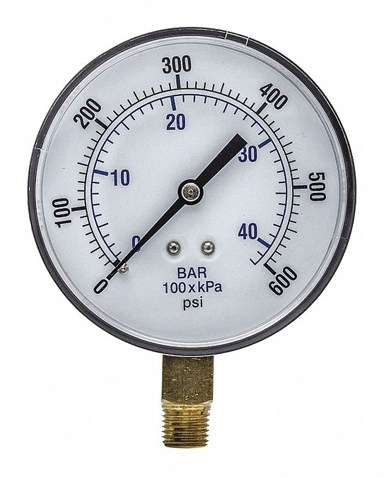 Industrial Pressure Gauge: 0 psi / Hg to 600 psi, 3 1/2 in Dial, 1/4 in NPT Male, Bottom