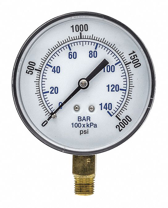 Industrial Pressure Gauge: 0 psi / Hg to 2, 000 psi, 3 1/2 in Dial, 1/4 in NPT Male, Dual