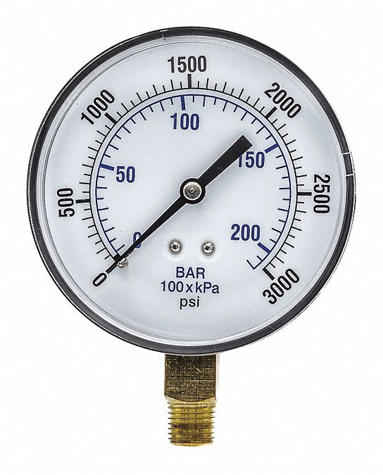 Industrial Pressure Gauge: 0 psi / Hg to 3, 000 psi, 3 1/2 in Dial, 1/4 in NPT Male, Dual