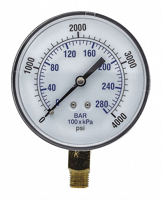 Industrial Pressure Gauge: 0 psi / Hg to 4, 000 psi, 3 1/2 in Dial, 1/4 in NPT Male, Dual
