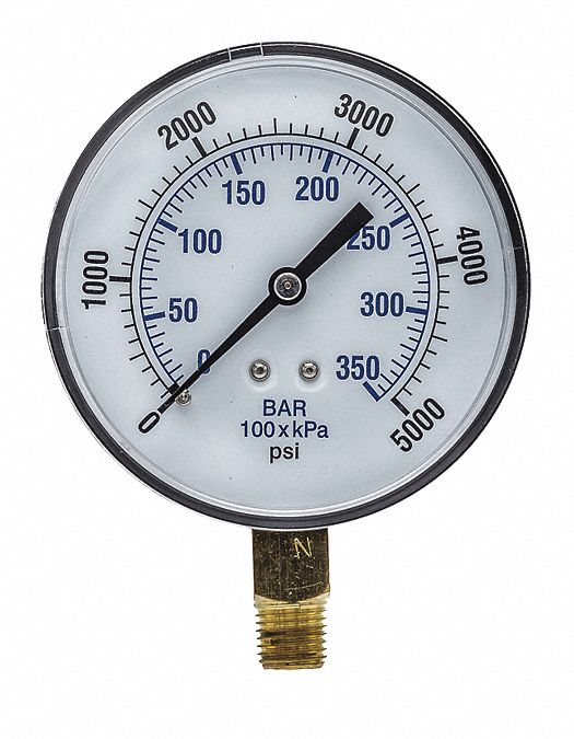 Industrial Pressure Gauge: 0 psi / Hg to 5, 000 psi, 3 1/2 in Dial, 1/4 in NPT Male, Dual