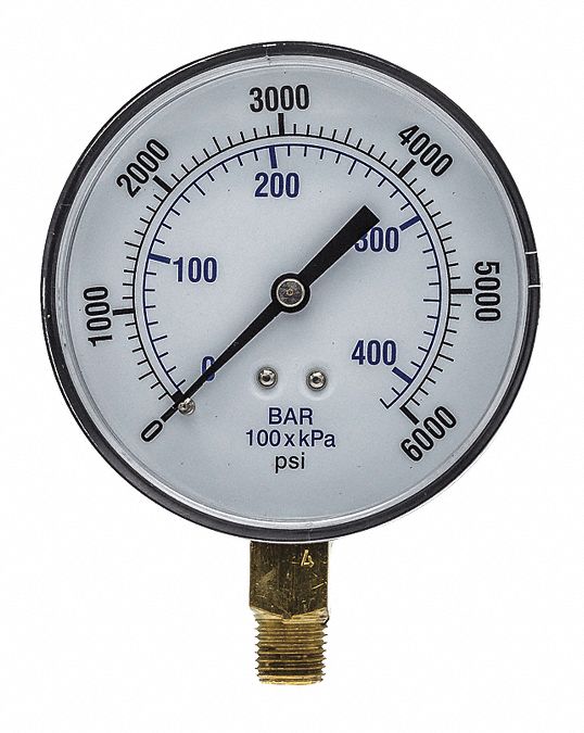 Industrial Pressure Gauge: 0 psi / Hg to 6, 000 psi, 3 1/2 in Dial, 1/4 in NPT Male, Dual