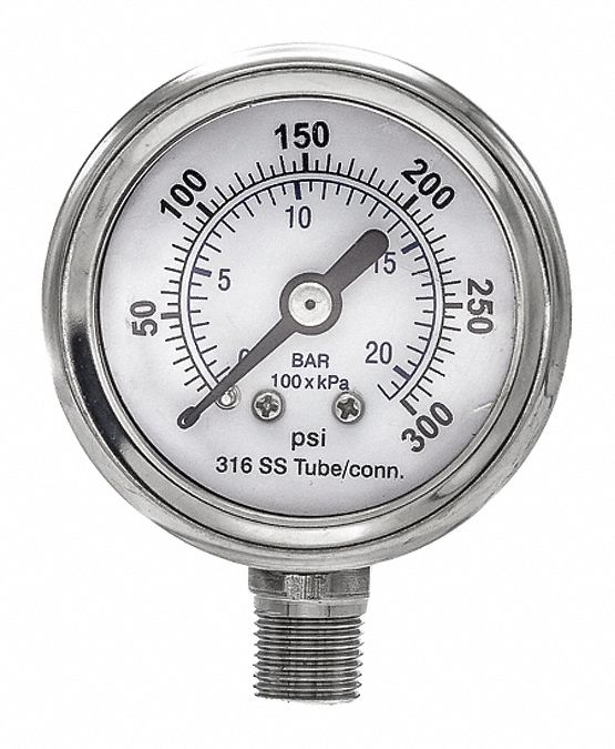 Industrial Pressure Gauge: 0 psi / Hg to 300 psi, 1 1/2 in Dial, 1/8 in NPT Male, Bottom