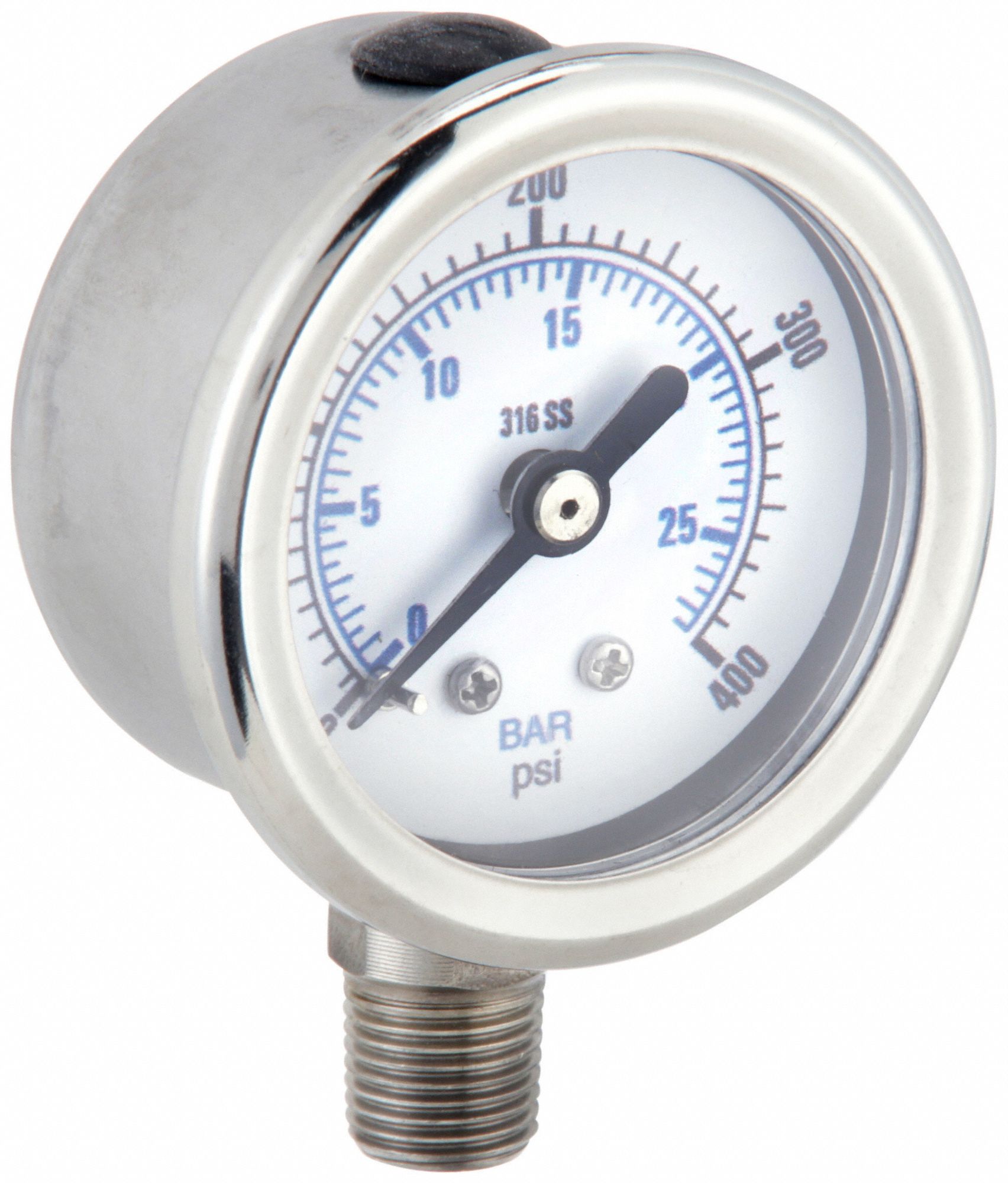 Industrial Pressure Gauge: 0 psi / Hg to 400 psi, 1 1/2 in Dial, 1/8 in NPT Male, Bottom